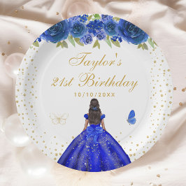 Blue Floral Dark Skin Princess Geburtstagsparty Pappteller