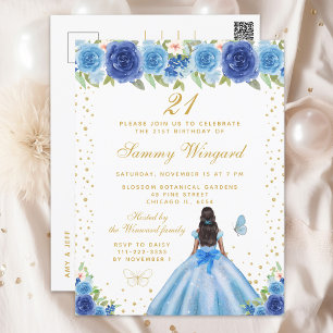 Blue Floral Dark Skin Princess Geburtstagsparty Postkarte