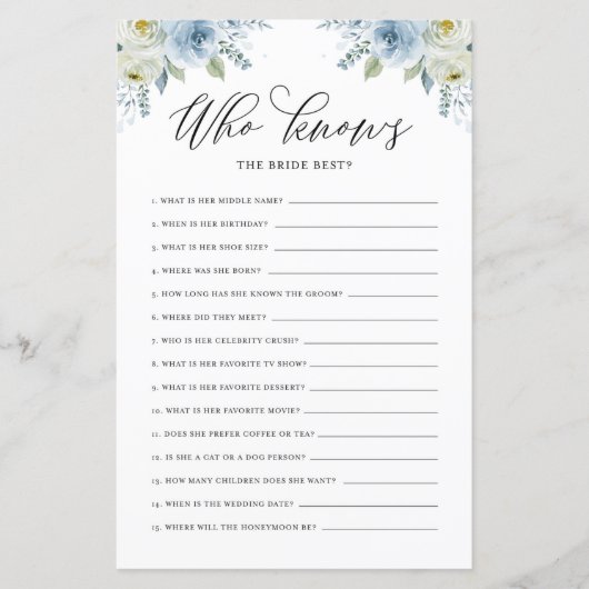 Blue Floral, der das Bride Best Duwer Game kennt (Vorderseite)