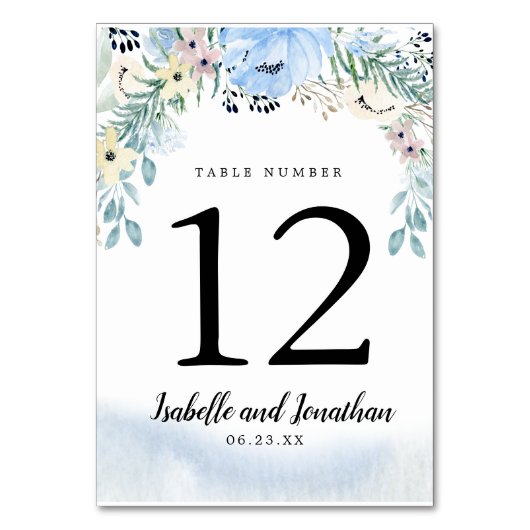 Blue Floral DIY Wedding Tischnummer Card (Vorderseite)