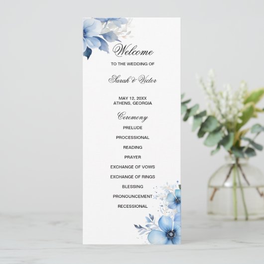 Blue Floral double side program card  Programm (Stehend Vorderseite)