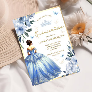 Blue Floral Dress Butterfly Quinceañera Einladung