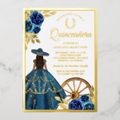 Blue Floral Dress Charro Western Quinceanera Gold Folieneinladung (Vorderseite)