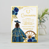 Blue Floral Dress Charro Western Quinceanera Gold Folieneinladung (Stehend vorne)