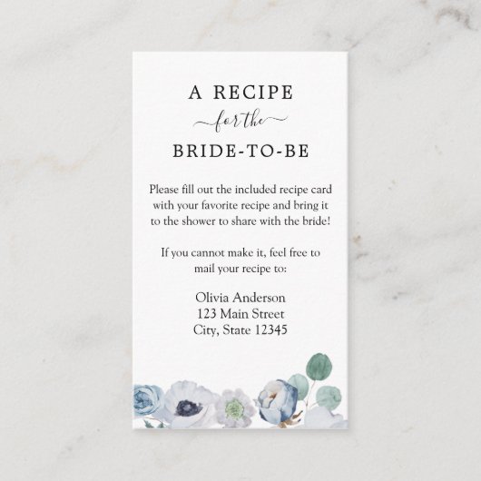 Blue Floral Dusche Rezeptkarte Begleitkarte (Vorderseite)