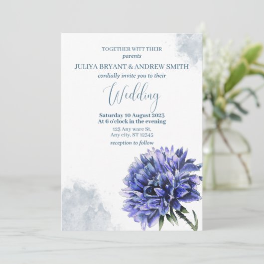 Blue Floral einfache Hochzeit Einladung (Stehend Vorderseite)