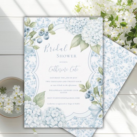 Blue Floral Elegant Blue Hydrangea Bridal Shower  Einladung