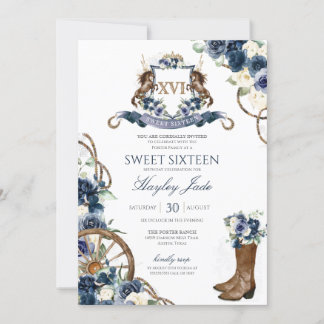 Blue Floral & Elegant Crest Cowgirl Ranch Sweet 16 Einladung