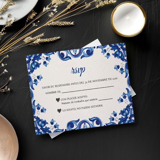 Blue Floral Elegant Fiesta Spanish Wedding RSVP Karte