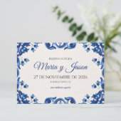Blue Floral Elegant Fiesta Spanish Wedding Save The Date (Stehend Vorderseite)