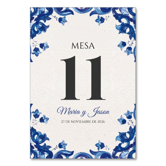 Blue Floral Elegant Fiesta Spanish Wedding Tischnummer (Vorderseite)