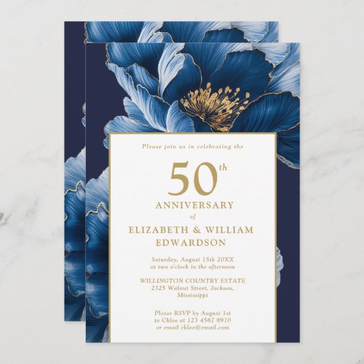 Blue Floral Elegant Modernes 50-jähriges Jubiläum Einladung (Vorne/Hinten)
