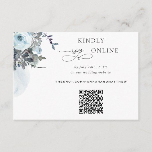 Blue Floral Elegant QR Code UAWG Wedding Begleitkarte (Vorderseite)