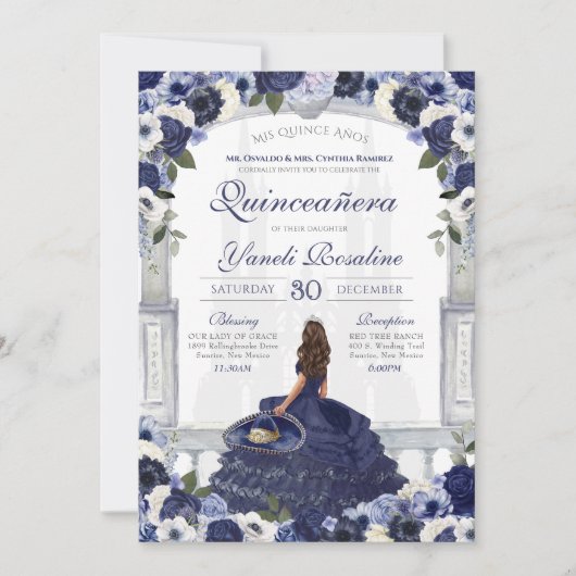 Blue Floral Elegante Charro Princess Quinceanera Einladung (Vorderseite)
