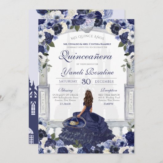 Blue Floral Elegante Charro Princess Quinceanera Einladung (Vorne/Hinten)