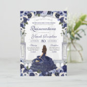 Blue Floral Elegante Charro Princess Quinceanera Einladung (Stehend Vorderseite)