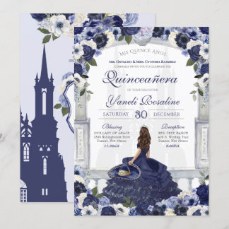 Blue Floral Elegante Charro Princess Quinceanera Einladung