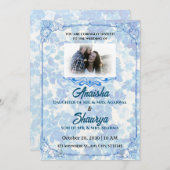 Blue Floral Elegante Hochzeit Einladung (Vorne/Hinten)