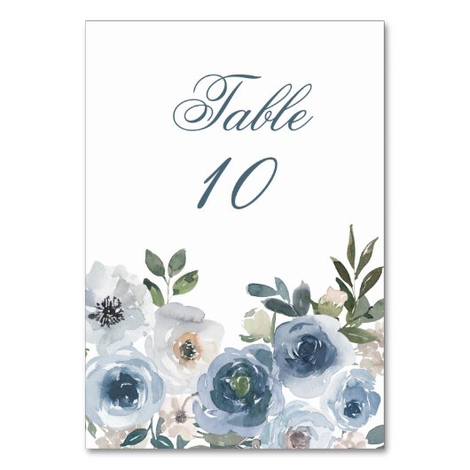 Blue Floral Elegante Wedding Tischnummer Cards (Vorderseite)