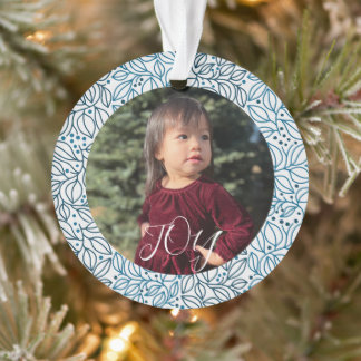 Blue Floral Elegante Weihnachten Custom Foto Name Ornament