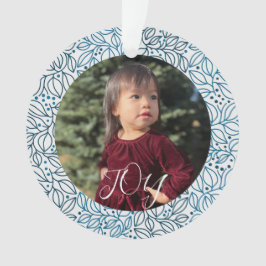 Blue Floral Elegante Weihnachten Custom Foto Name Ornament