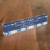 Blue Floral Eleganter Personalisierter Hochzeitspl Namensplakette (Seite)