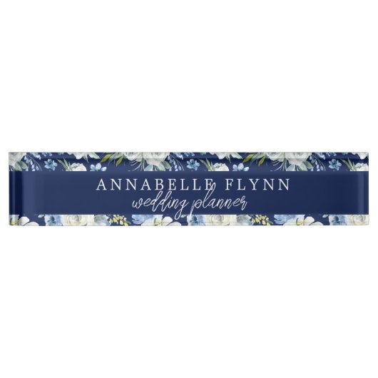 Blue Floral Eleganter Personalisierter Hochzeitspl Namensplakette (Vorderseite)