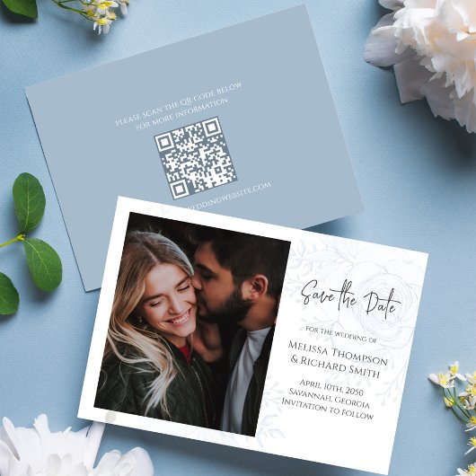Blue Floral Elegantes Foto Hochzeit Sichern Sie da Save The Date