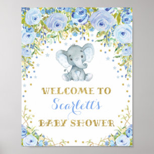 Blue Floral Elephant Baby Boy Dusche Begrüßungszei Poster
