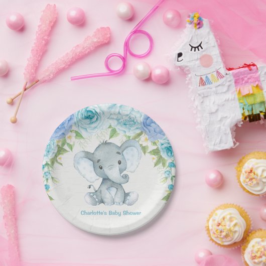 Blue Floral Elephant Baby Boy Dusche Party Plate Pappteller (Party)