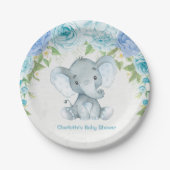 Blue Floral Elephant Baby Boy Dusche Party Plate Pappteller (Vorderseite)