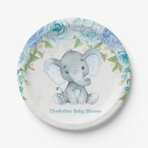 Blue Floral Elephant Baby Boy Dusche Party Plate Pappteller