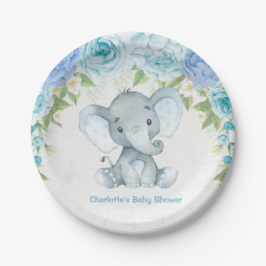 Blue Floral Elephant Baby Boy Dusche Party Plate Pappteller (Vorderseite)