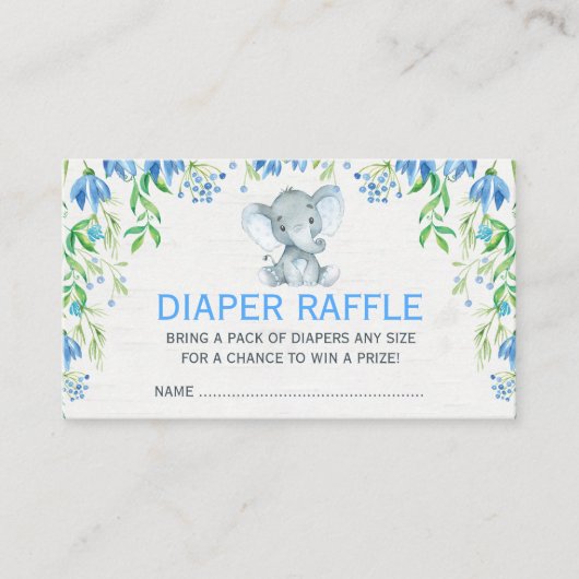 Blue Floral Elephant Baby Diaper Raffle Ticket Begleitkarte (Vorderseite)