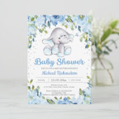 Blue Floral Elephant Baby Dusche Einladung (Stehend Vorderseite)