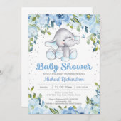 Blue Floral Elephant Baby Dusche Einladung (Vorne/Hinten)