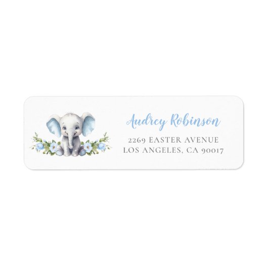 Blue Floral Elephant Baby Dusche Rücksendeadresse (Vorne)