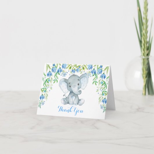 Blue Floral Elephant Baby Dusche Vielen Dank Dankeskarte (Vorderseite)