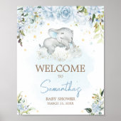 Blue Floral Elephant Baby Dusche Willkommen Poster (Vorne)