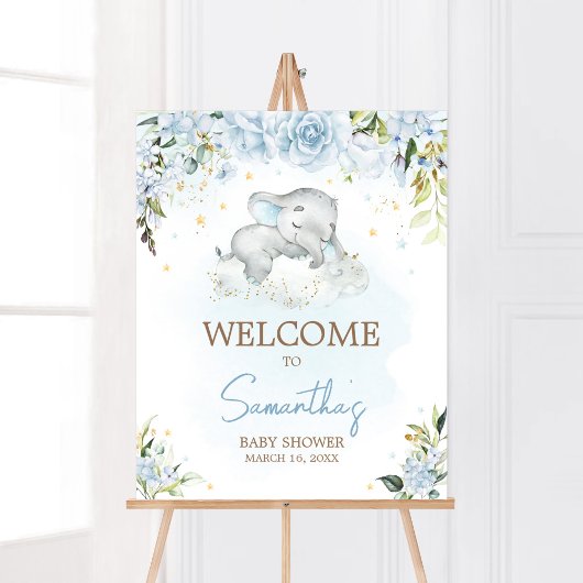 Blue Floral Elephant Baby Dusche Willkommen Poster