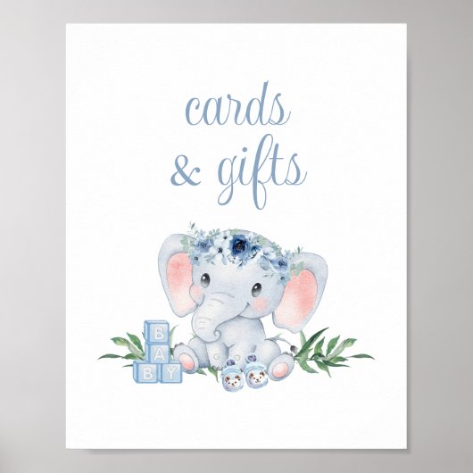 Blue Floral Elephant Baby Duschkarten und Geschenk Poster (Vorne)