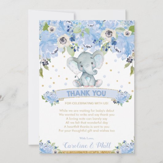 Blue Floral Elephant Baby Shower Boy Dankeskarte (Vorderseite)