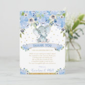 Blue Floral Elephant Baby Shower Boy Dankeskarte (Stehend Vorderseite)