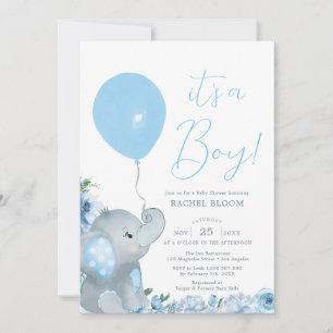 Blue Floral Elephant Boy Baby Dusche Einladung