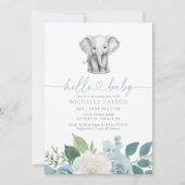 Blue Floral Elephant Boy Baby Dusche Einladung (Vorderseite)