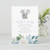Blue Floral Elephant Boy Baby Dusche Einladung (Stehend Vorderseite)