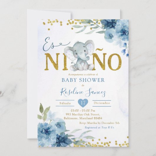 Blue Floral Elephant Es niñ o Boy Baby Dusche Einladung (Vorderseite)