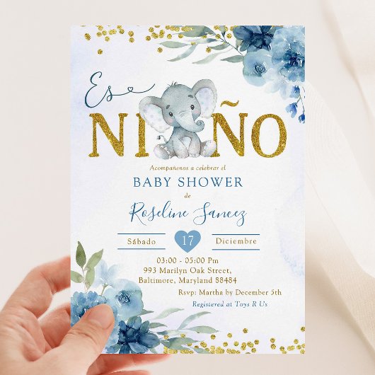 Blue Floral Elephant Es niñ o Boy Baby Dusche Einladung
