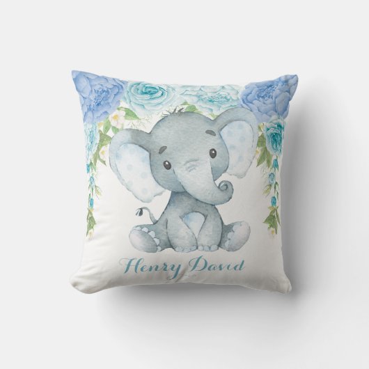 Blue Floral Elephant Jungle Baby Boy Kinderzimmer Kissen (Vorderseite)