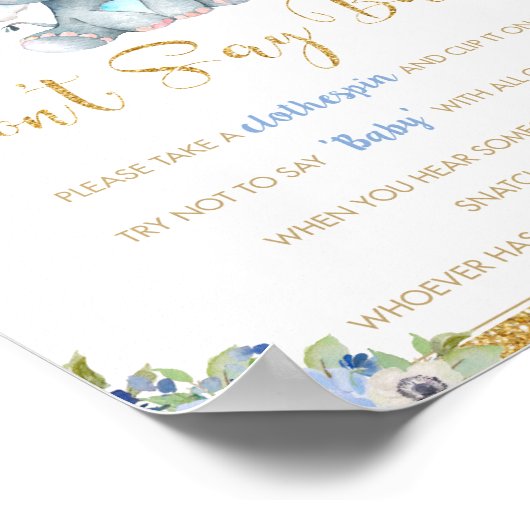 Blue Floral Elephant Say Baby Shower Game Poster (Ecke)